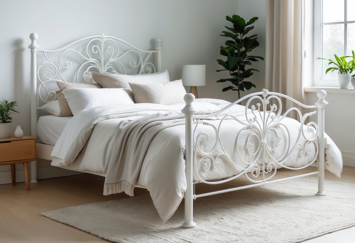 A bedroom with a white metal bed frame, neatly made bed, a nightstand with a lamp and a plant, and natural light coming through a window.