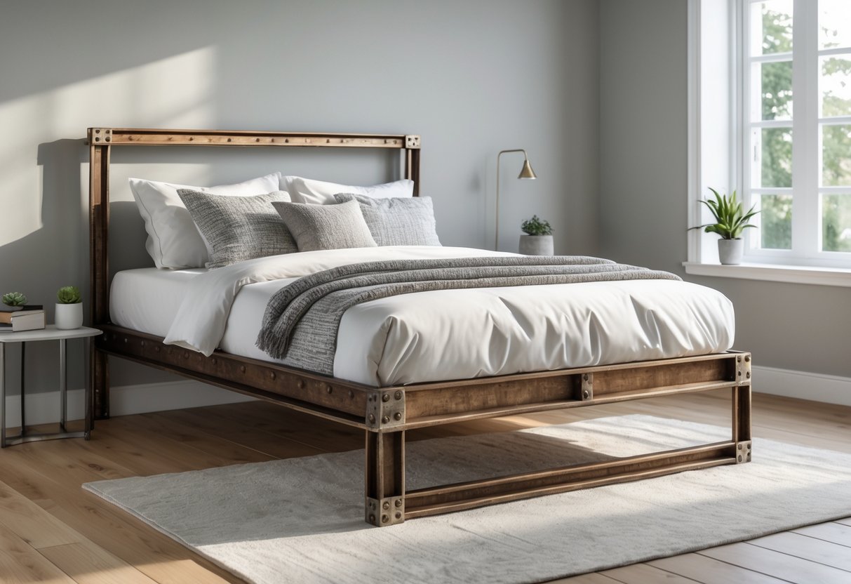 A bedroom with a metal bed frame, white bedding, and natural light coming through a window.