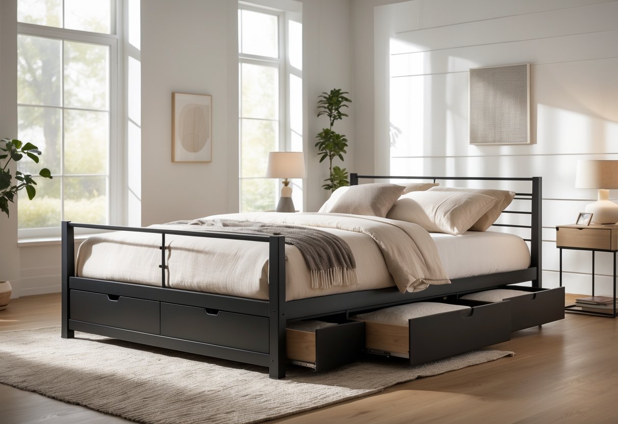 A bedroom with a matte black metal platform bed frame featuring built-in storage drawers underneath.