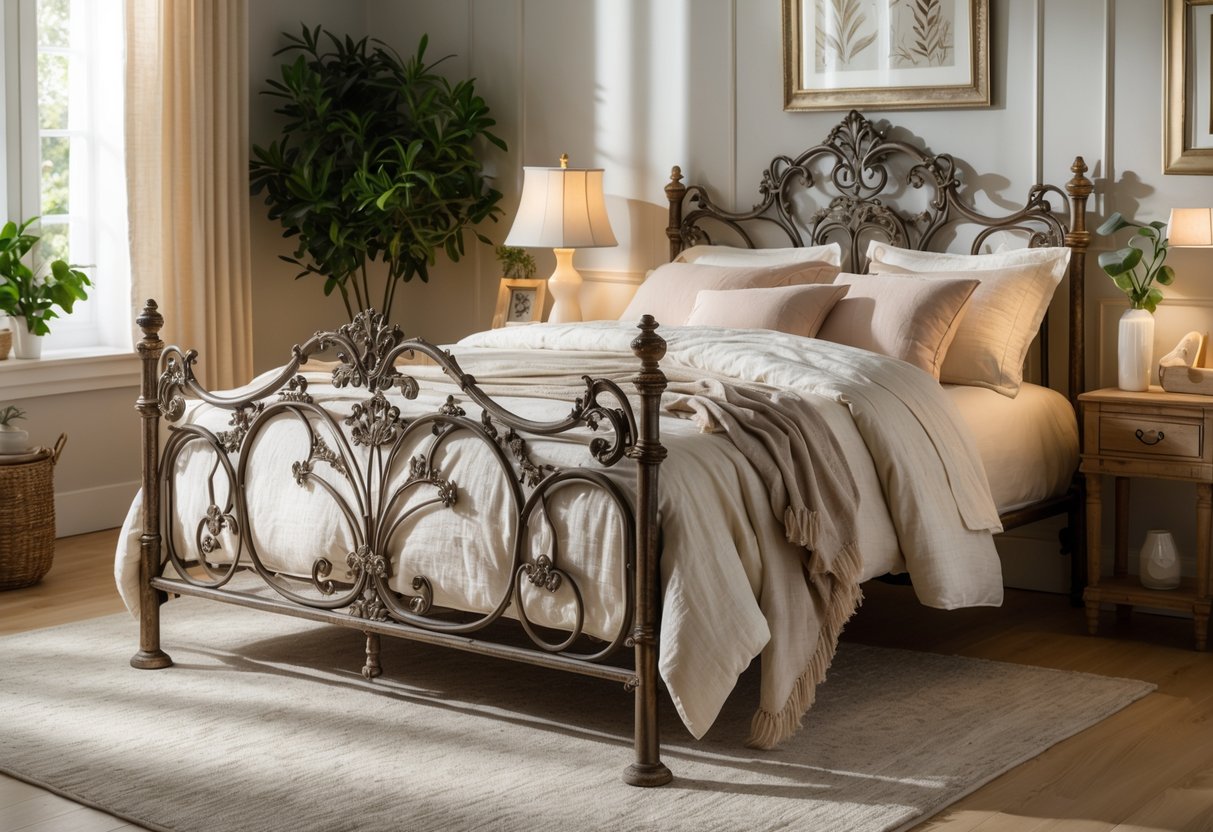 A bedroom with a metal bed frame featuring ornate detailing, neatly made with pillows and blankets, next to a nightstand with a lamp and a plant.