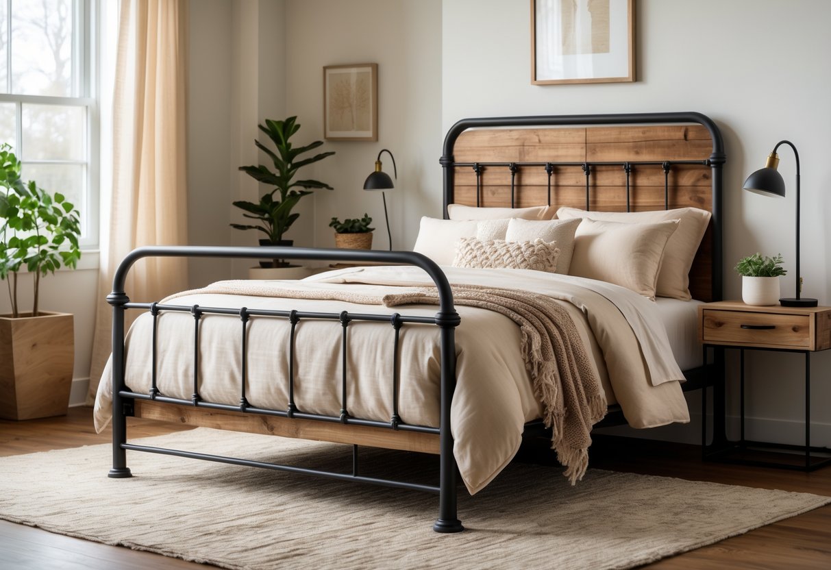 A bedroom with a metal bed frame and wooden furniture, featuring soft bedding and natural light.