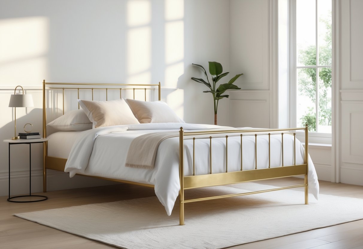 A metal bed frame with a polished brass finish in a bright bedroom with white bedding and simple decor.