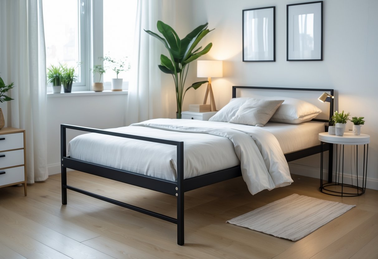 A low-profile metal bed frame in a small bedroom with natural light, wooden floor, and simple decor.