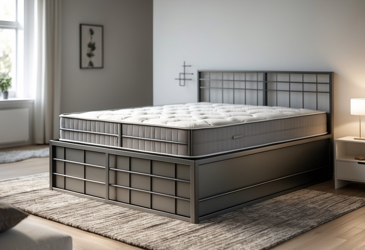 A bedroom with a metal bed frame featuring a raised platform design, a mattress, a nightstand with a lamp, and a rug on the floor.