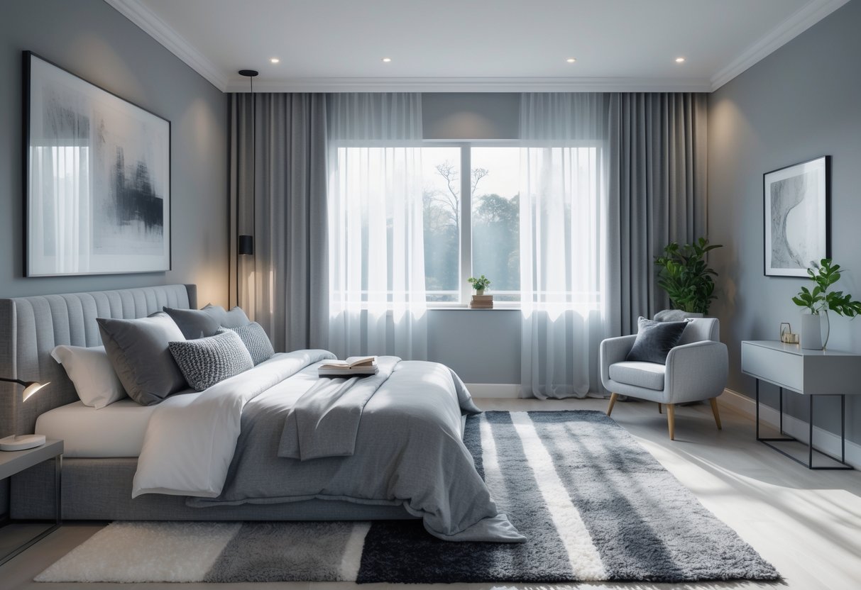 A bedroom with grey walls, a bed with grey and white bedding, a nightstand with a lamp, an armchair, and a rug, lit by natural light.