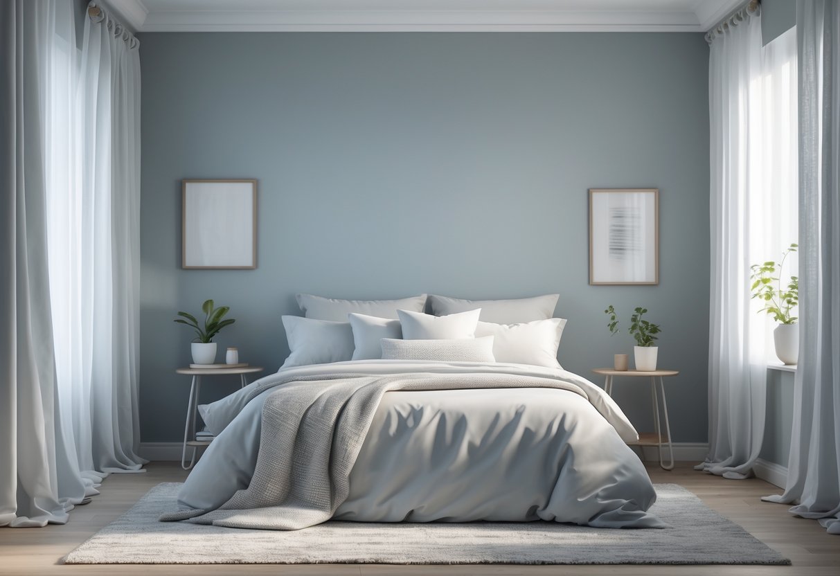 A bedroom with soft gray walls, a neatly made bed, natural light from a window, and simple furnishings creating a calm atmosphere.