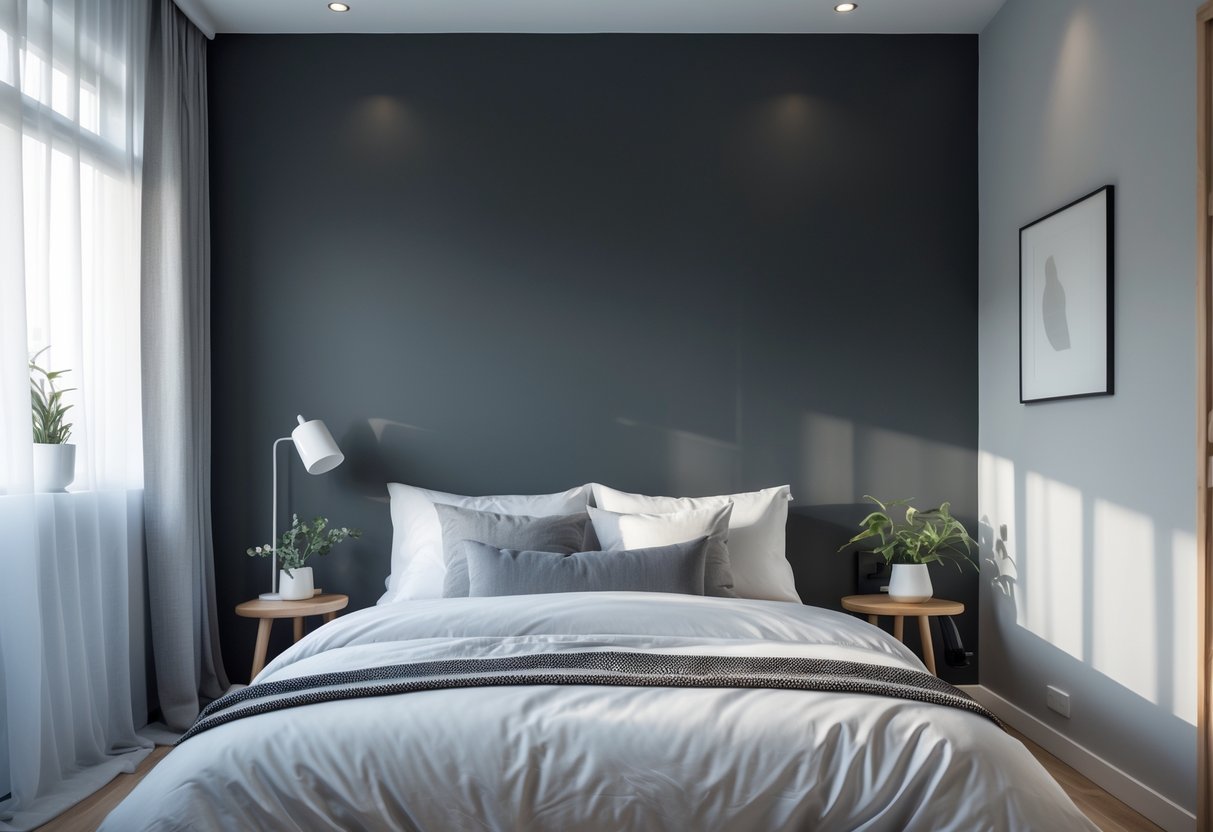 A bedroom with a charcoal gray accent wall, a bed with white and gray bedding, a nightstand with a lamp, and natural light coming through a window.