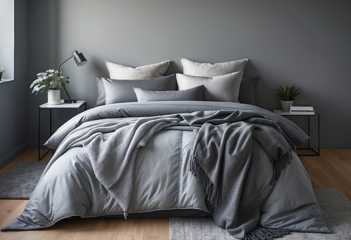 A neatly made bed with multiple gray blankets and pillows in a bedroom with gray walls and soft natural light.