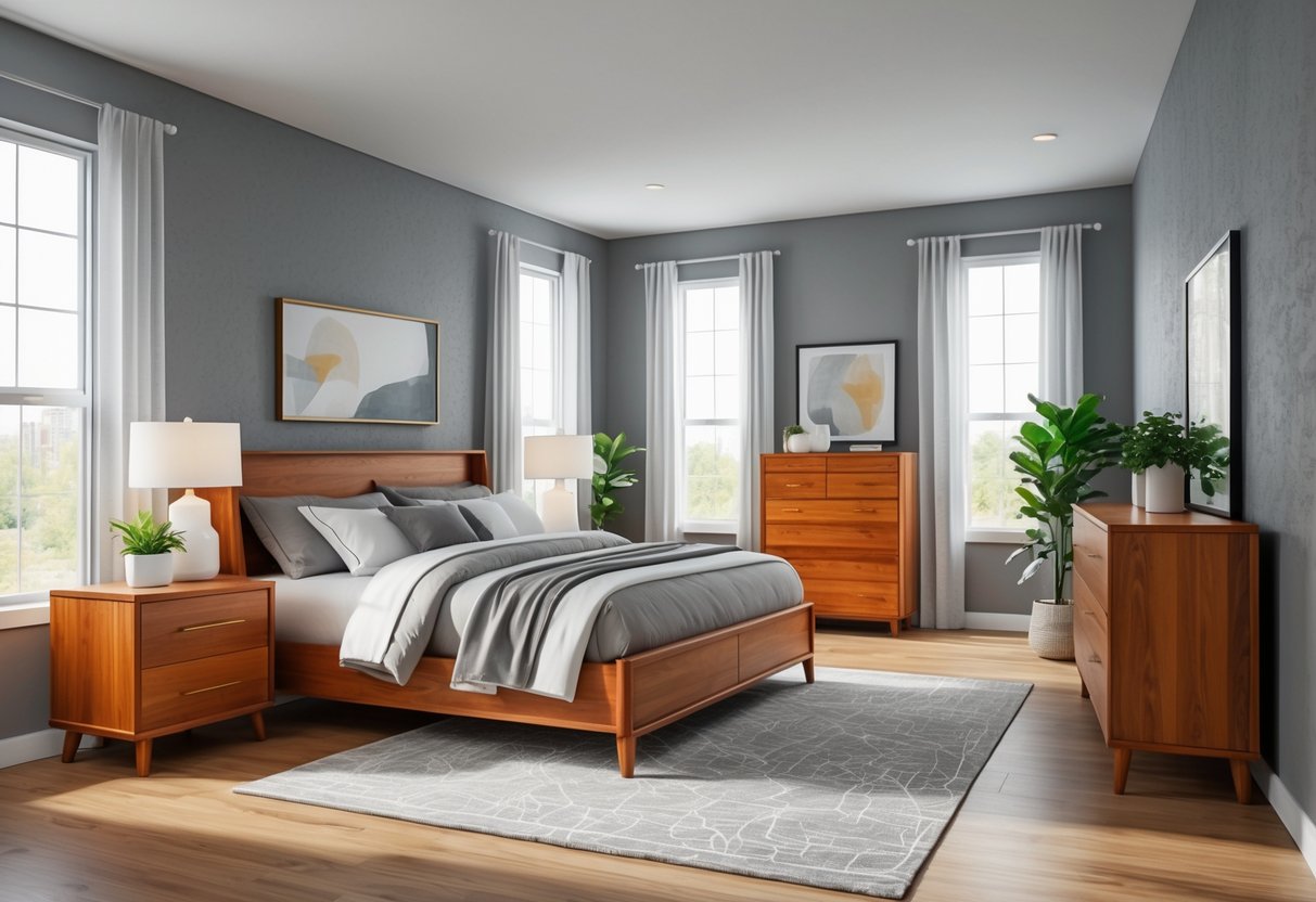 A bedroom with gray walls and warm wooden furniture including a bed, nightstands, and a dresser, lit by natural light from large windows.