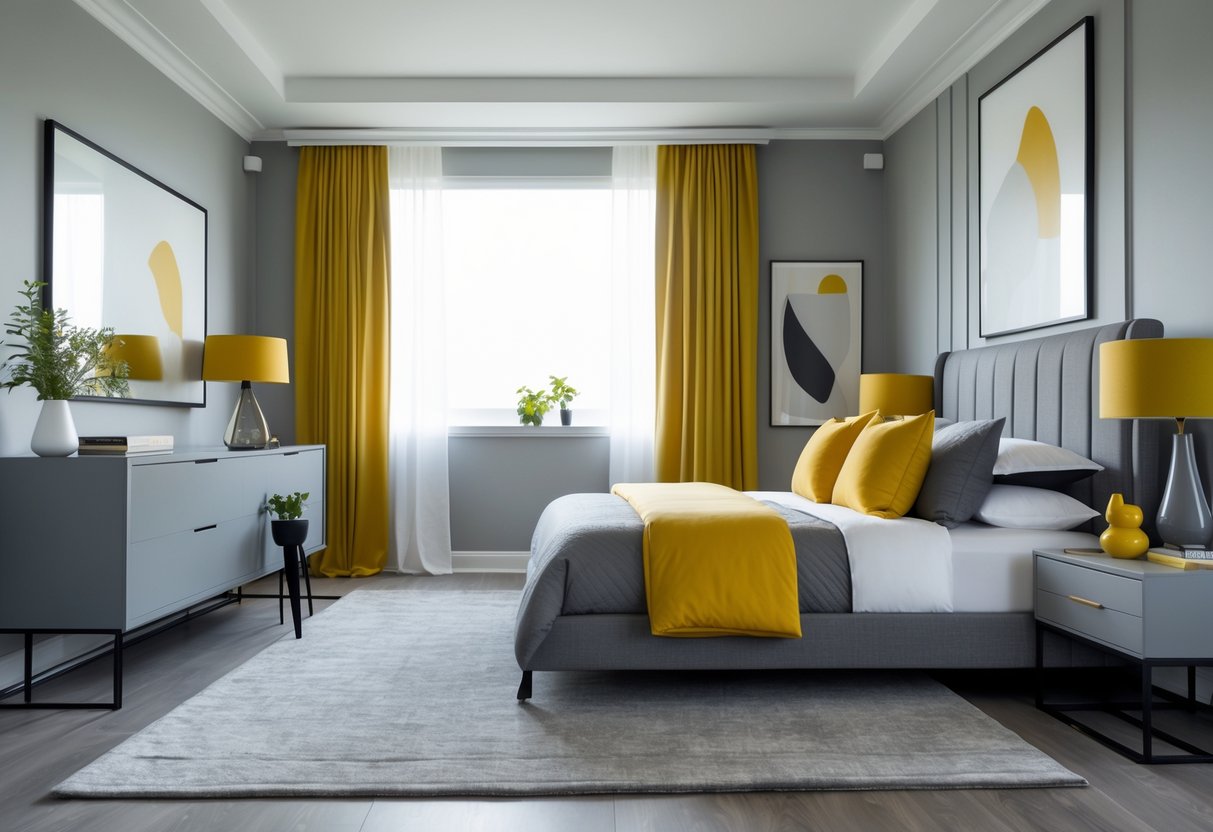 A bedroom with gray walls, a bed with gray bedding and mustard yellow pillows, yellow curtains, and modern furniture.