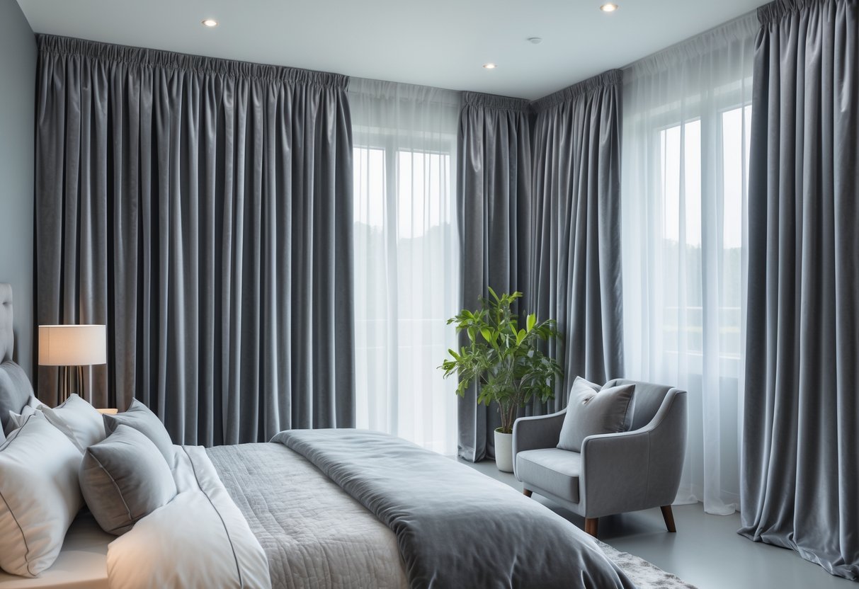 A bedroom with gray velvet curtains, a neatly made bed, and soft natural light coming through the window.