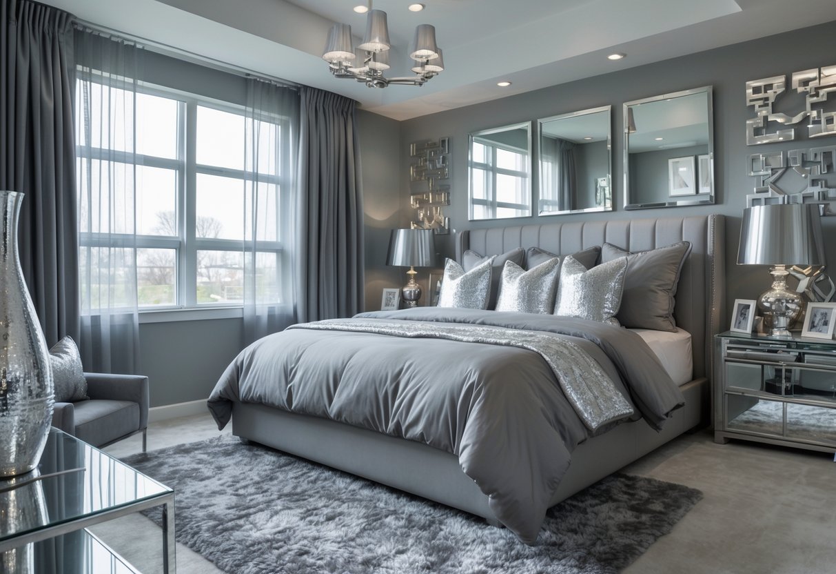 A bedroom with grey walls and bedding, featuring metallic silver decorative accents on tables and shelves.