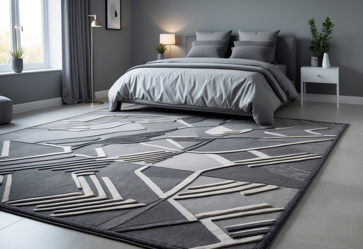Bedroom with a large geometric gray rug, bed, nightstand, and natural light coming through a window.
