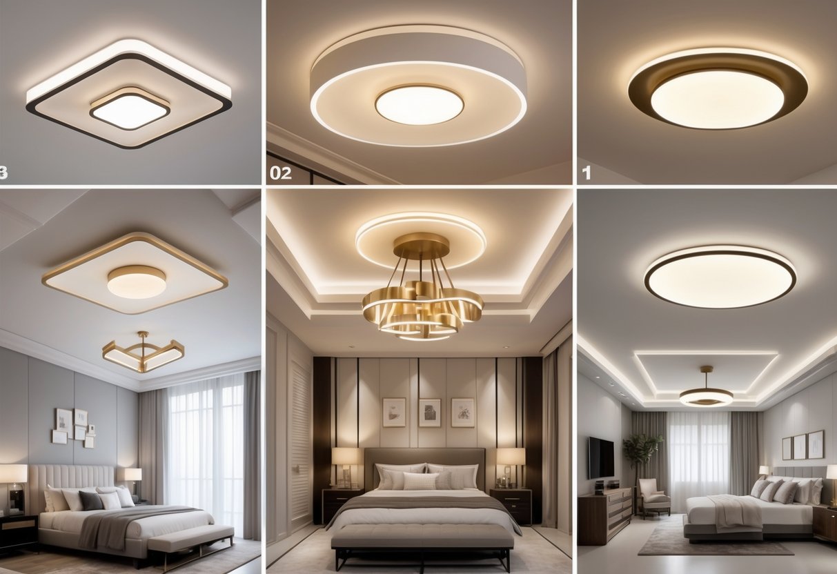 A collage of ten bedrooms each featuring a different ceiling light fixture above the bed.