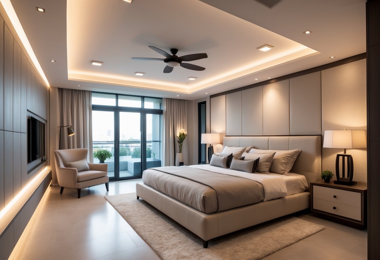 A modern bedroom with a bed and layered lighting including recessed ceiling lights and bedside lamps.