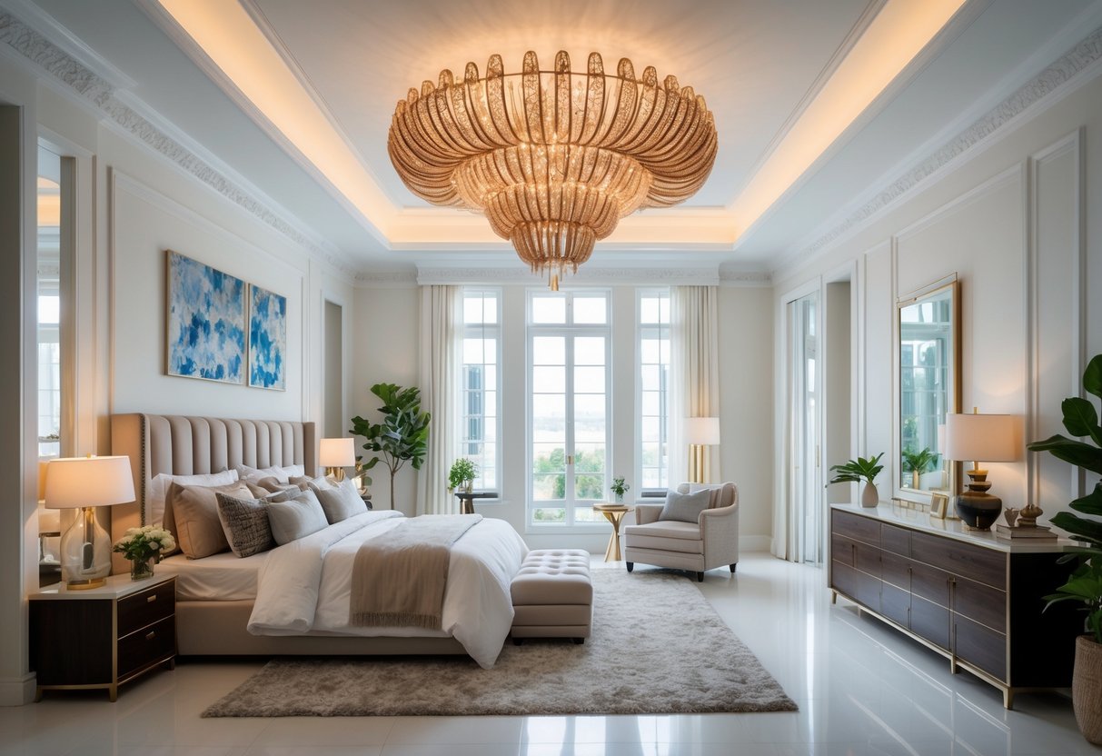 A large bedroom with a luxurious chandelier hanging from the ceiling above a king-sized bed.