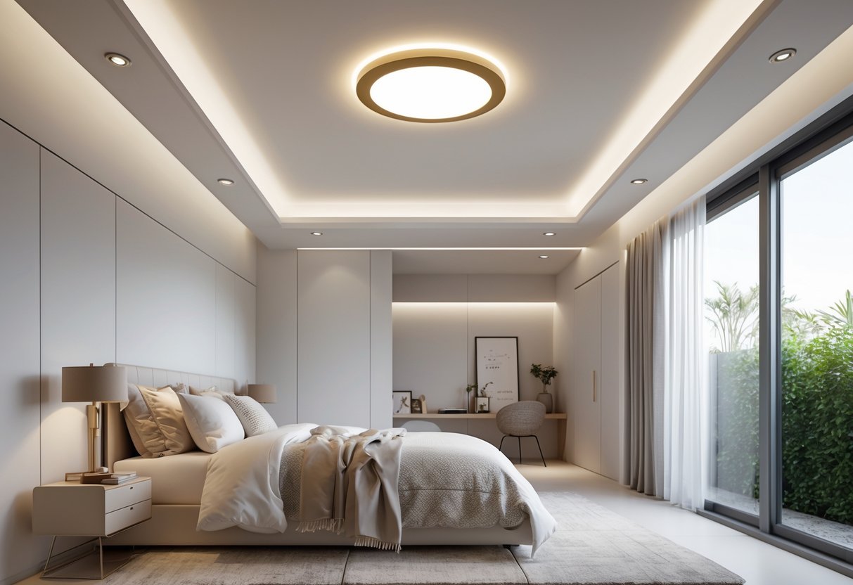 A modern bedroom with a low ceiling illuminated by flush mount LED ceiling lights, featuring a neatly made bed and minimalist decor.