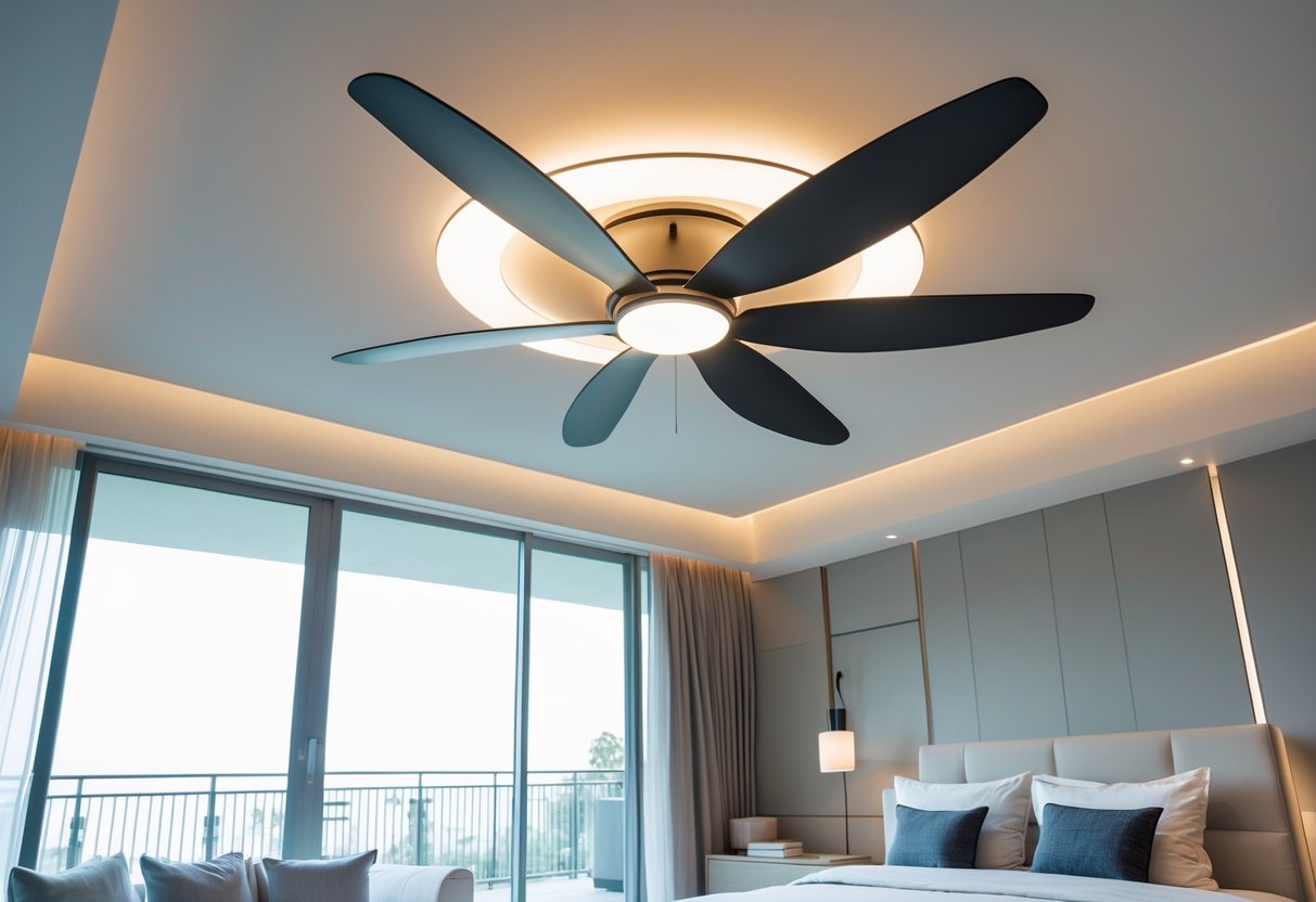 Ceiling fan with integrated light installed on the ceiling of a bright and spacious bedroom.