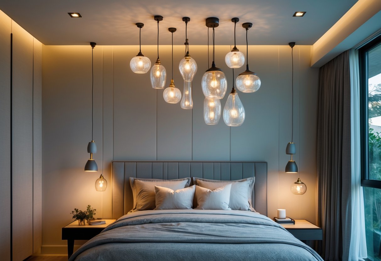 A bedroom with multiple pendant lights hanging clustered above the bed.