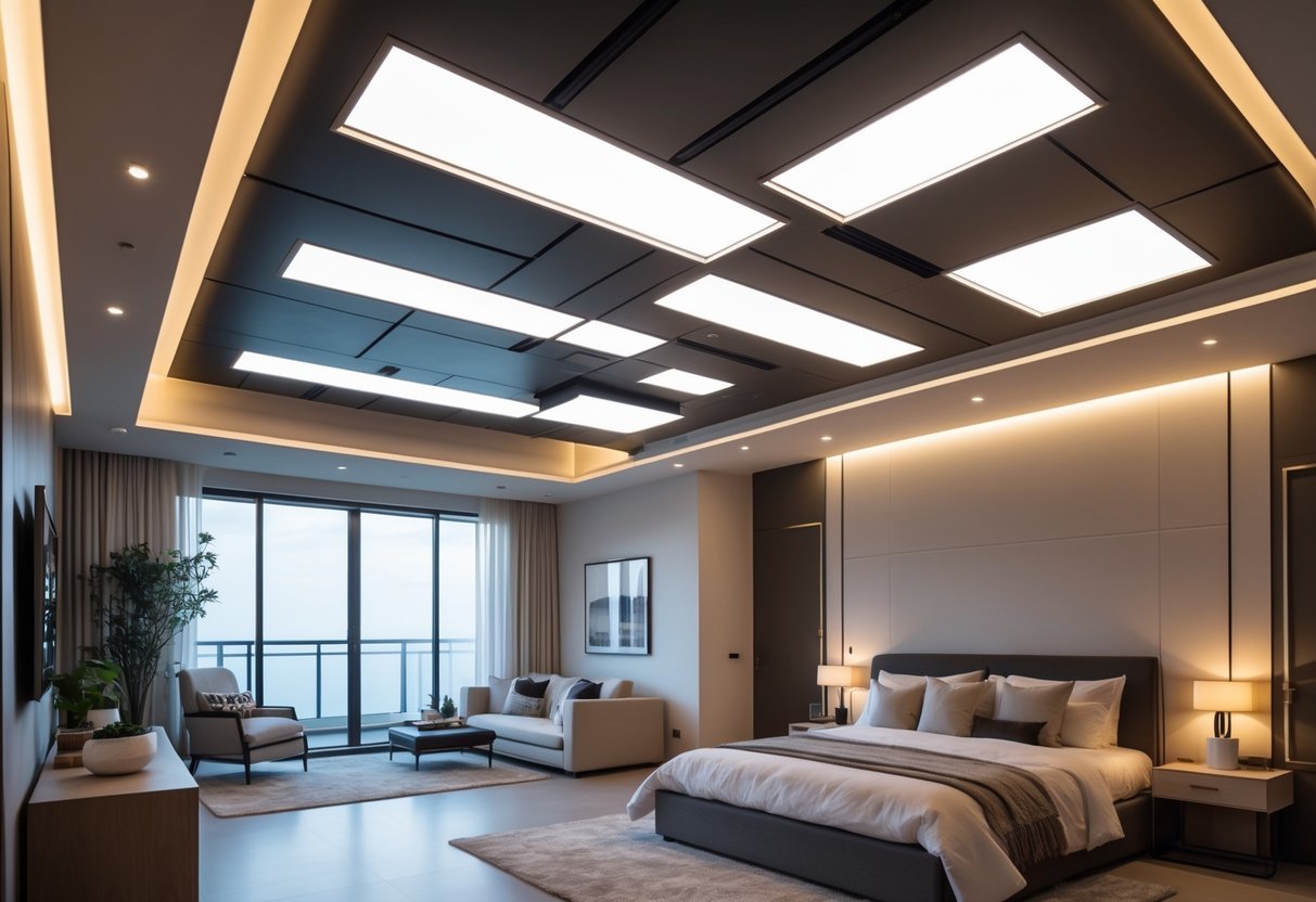 A modern bedroom with dimmable LED ceiling panels emitting adjustable warm and bright light, featuring a large bed and minimalistic decor.