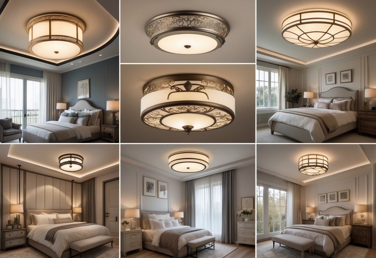 A collection of ten bedrooms each featuring a different semi-flush mount ceiling light fixture with decorative details.