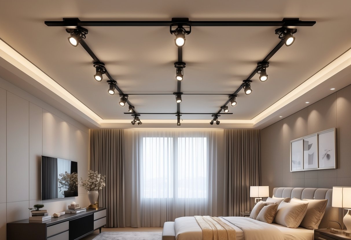 A spacious bedroom with modern track lighting on the ceiling illuminating the room.