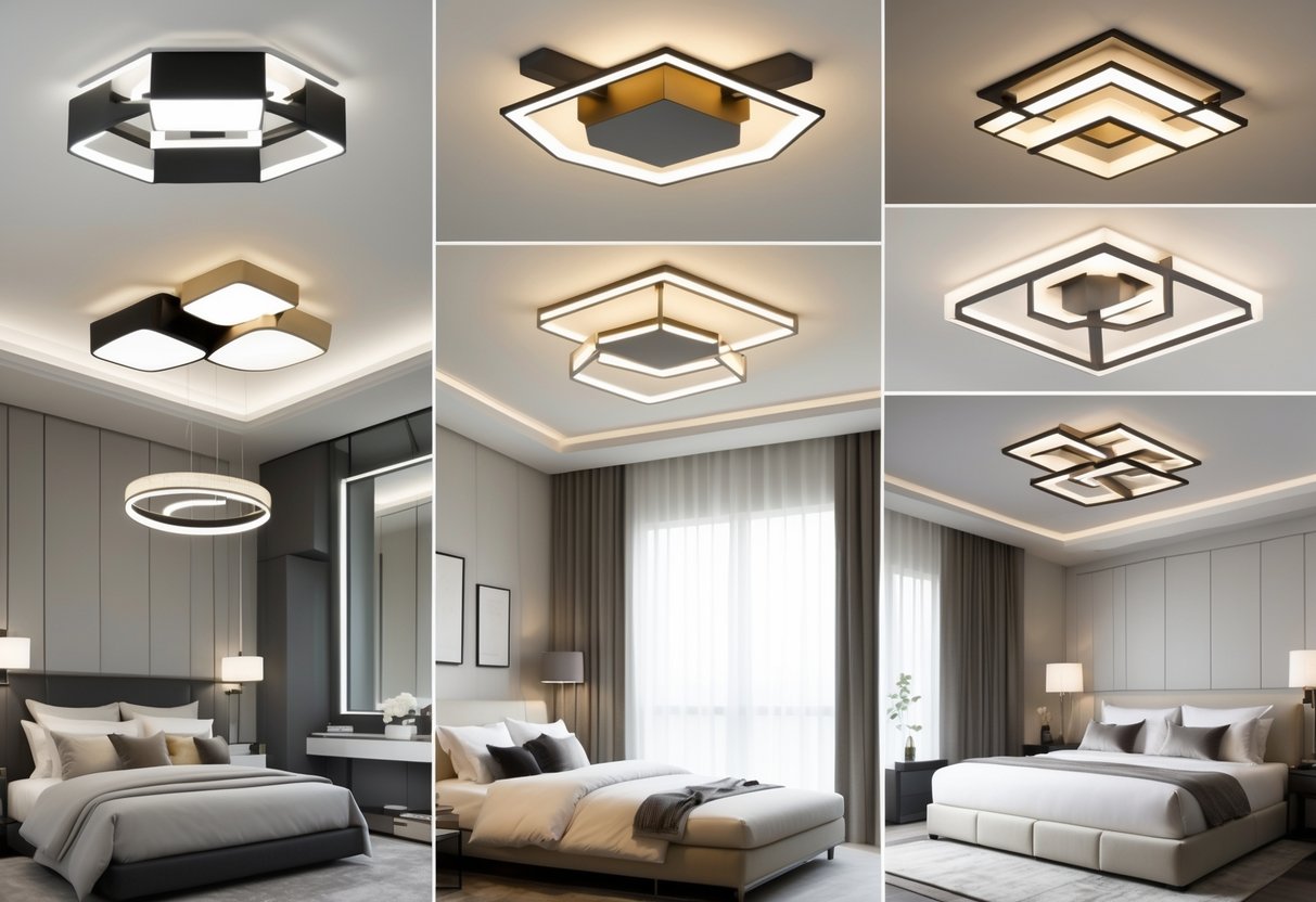 A collection of ten bedrooms each featuring a unique geometric ceiling light fixture illuminating the room.