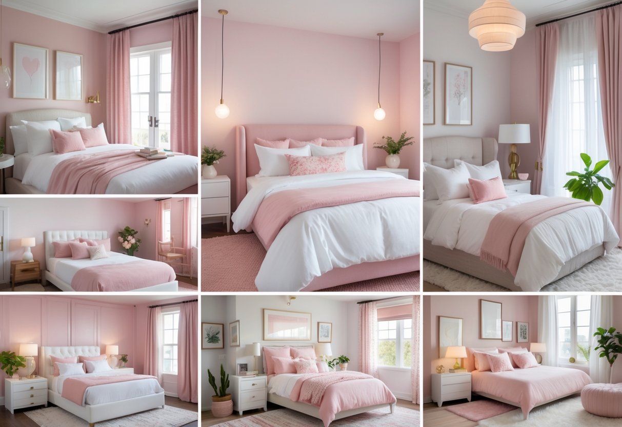 A collage of ten bedrooms decorated in pink and white colors, each with beds, furniture, and decor arranged neatly.