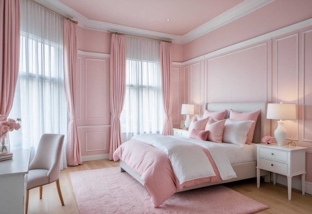 A bedroom with blush pink walls, white crown molding, a neatly made bed with pink and white bedding, white bedside tables with lamps, and natural light coming through sheer white curtains.