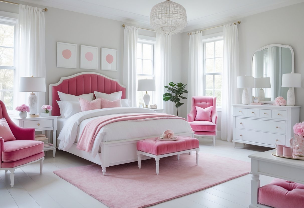 A bedroom with white furniture and pink velvet upholstery, featuring a bed, armchairs, nightstands, and soft natural lighting.