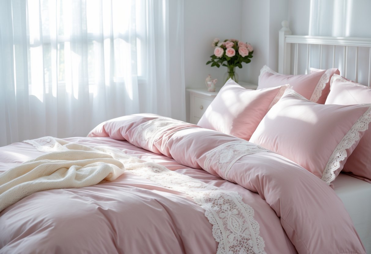 A bright bedroom with a neatly made bed featuring soft pink bedding and white lace accents, with natural light coming through sheer curtains.