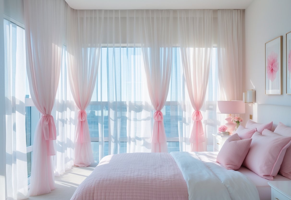A bedroom with white sheer curtains tied back with pink fabric, featuring pink and white bedding and decor, illuminated by natural sunlight.