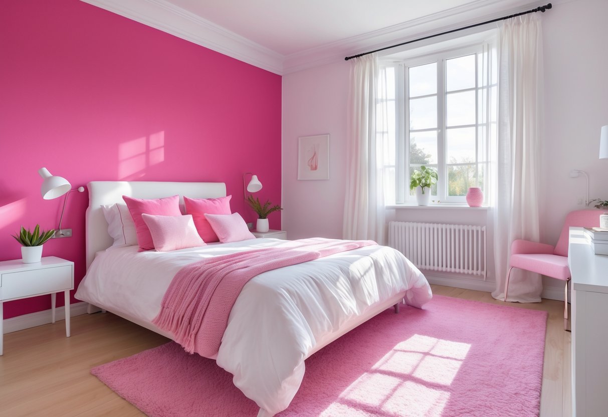 A bedroom with a bold fuchsia accent wall, white trim, a bed with pink and white bedding, a window with white curtains, and a nightstand with a plant and lamp.