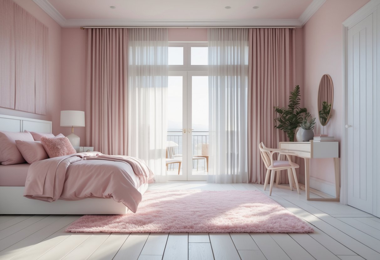 A bedroom with a muted pink area rug on white hardwood floors, featuring pink and white bedding and natural light coming through windows.