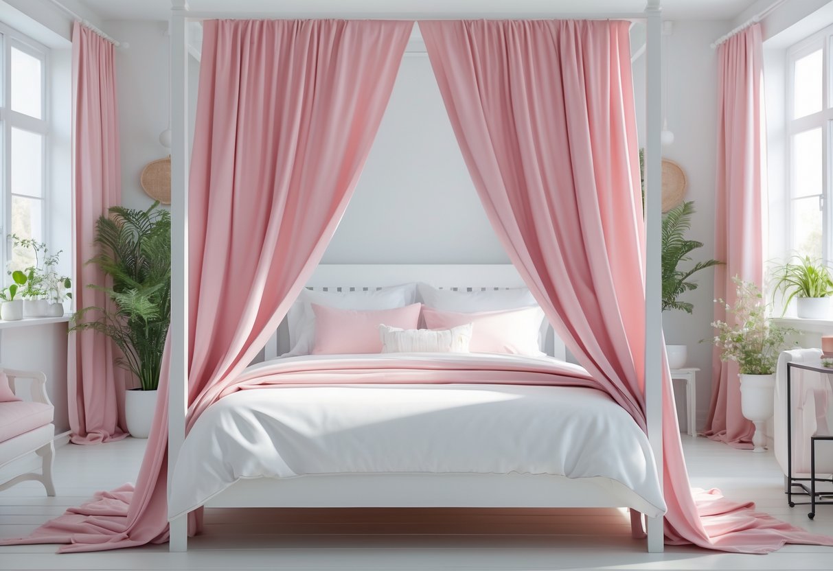 A bedroom with a white canopy bed draped in pink fabric and white and pink bedding, surrounded by bright natural light and minimal decor.