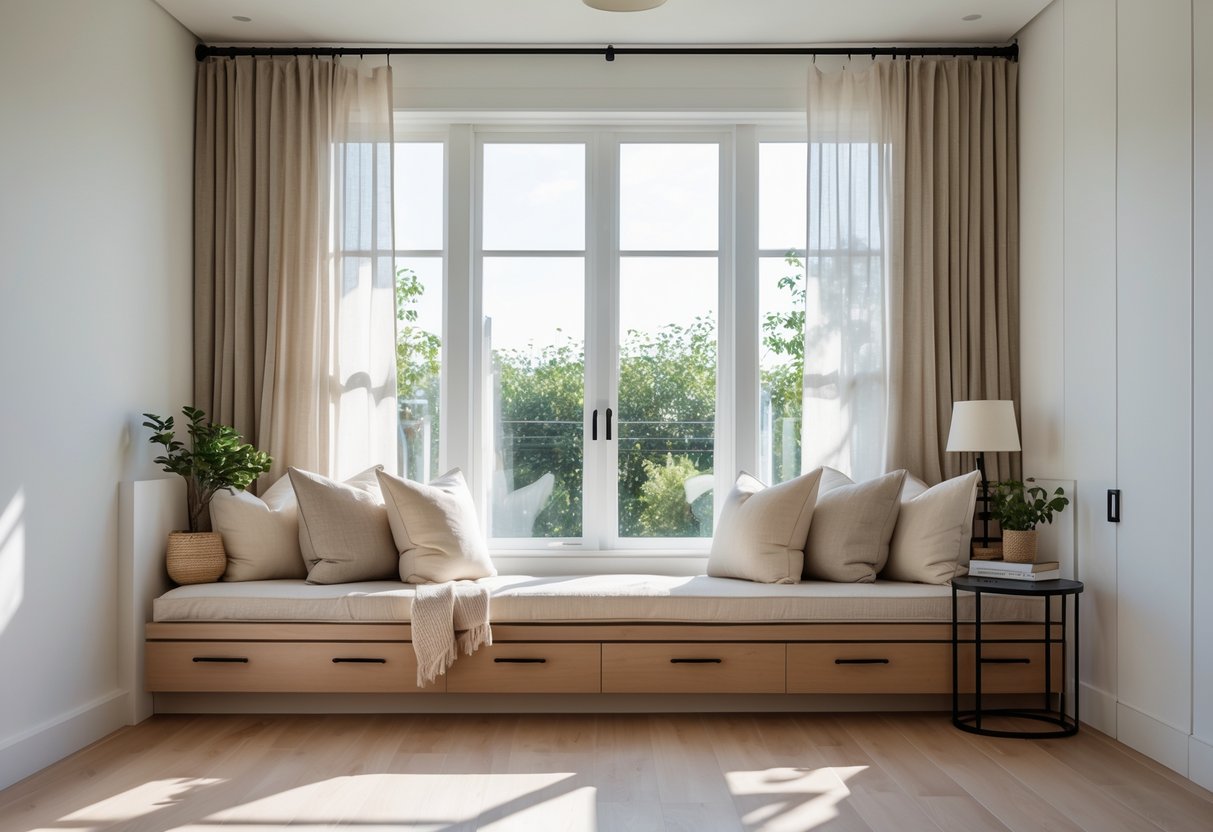 A bedroom with a large window and a cozy built-in window seat with cushions and pillows.