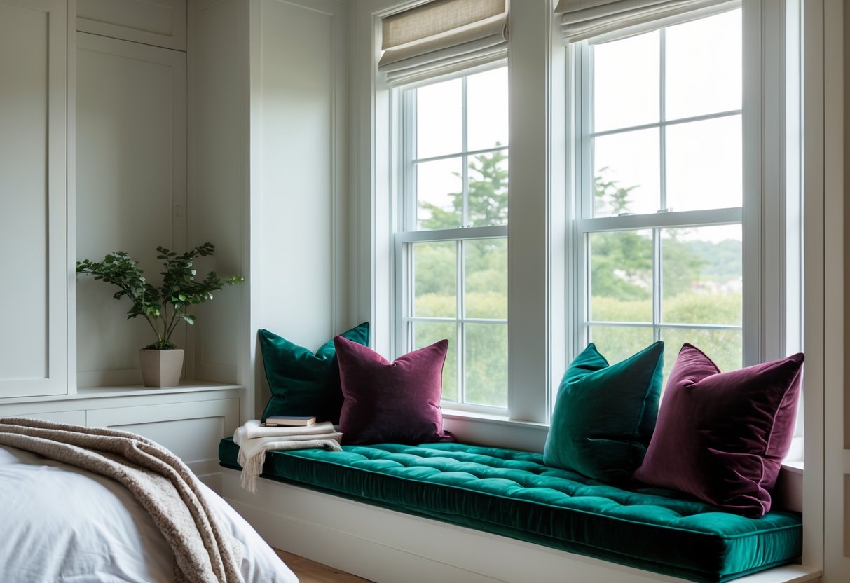 A bedroom window seat with plush velvet cushions beneath large windows, bathed in natural light.