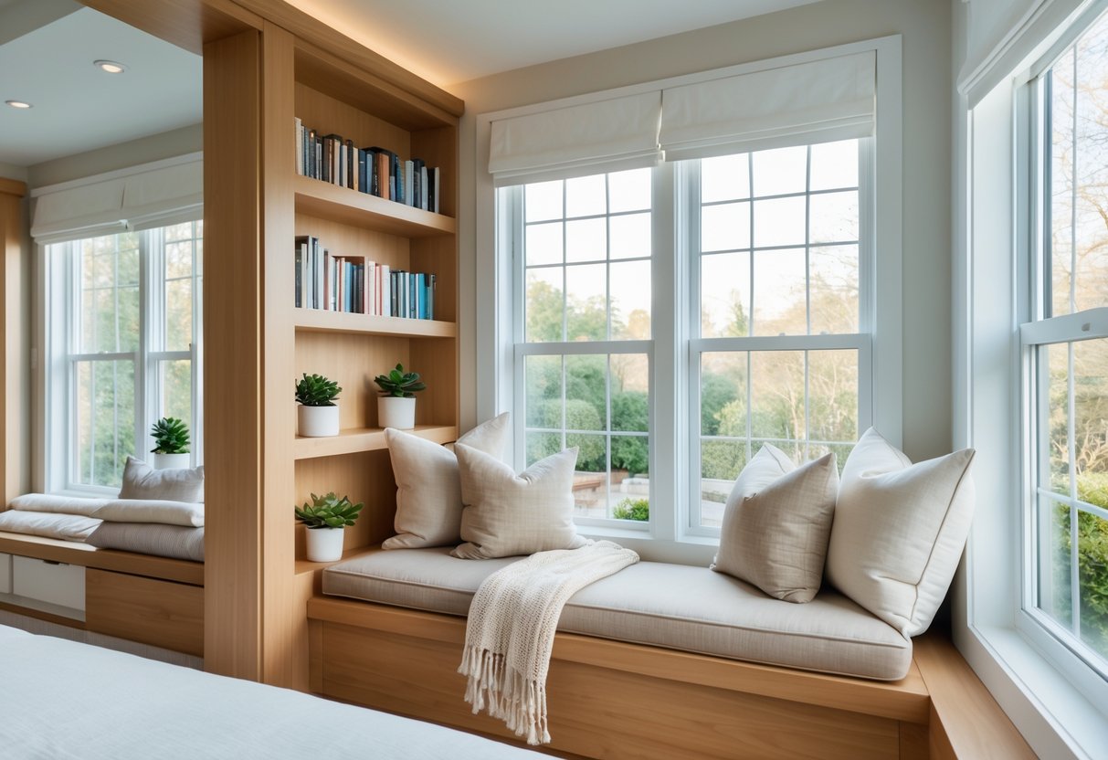 A corner window seat in a bedroom with open shelves filled with books and plants, bathed in natural light.