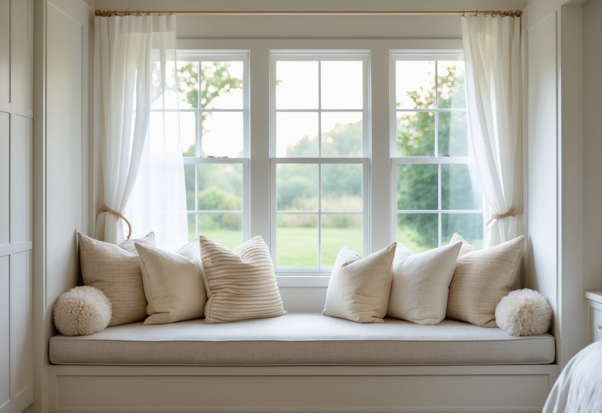 A window seat with plush pillows under a large window in a bedroom filled with natural light.