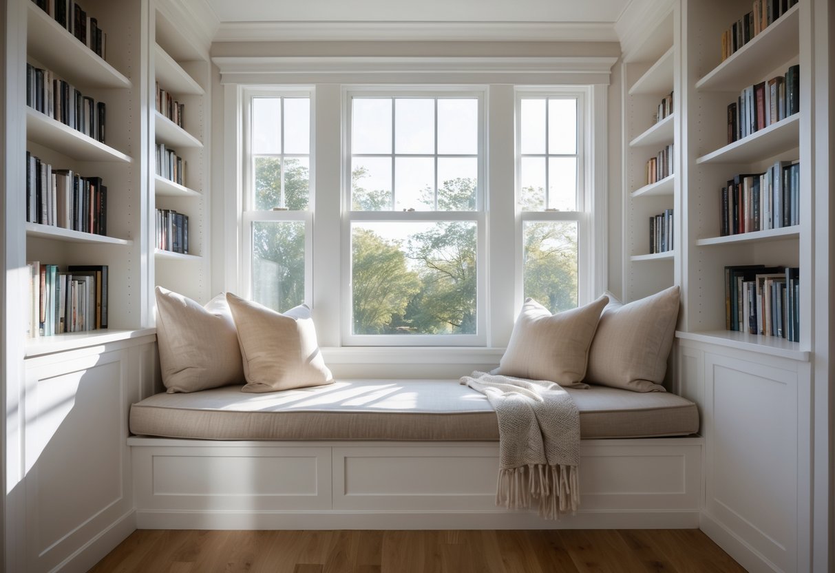 A bedroom with a window seat surrounded by built-in bookshelves filled with books and cushions on the seat under a large window.