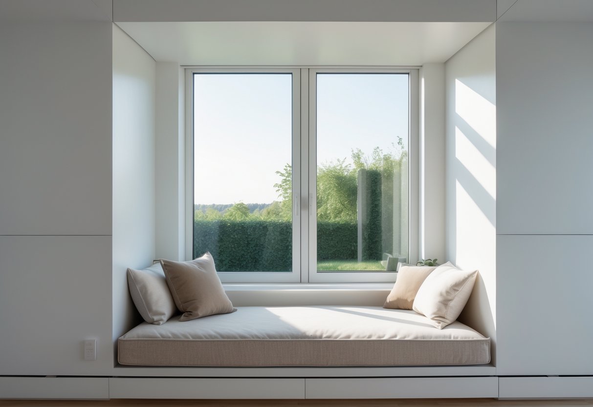 A bedroom with a floating window seat built into a large window alcove, featuring cushions and soft natural light.