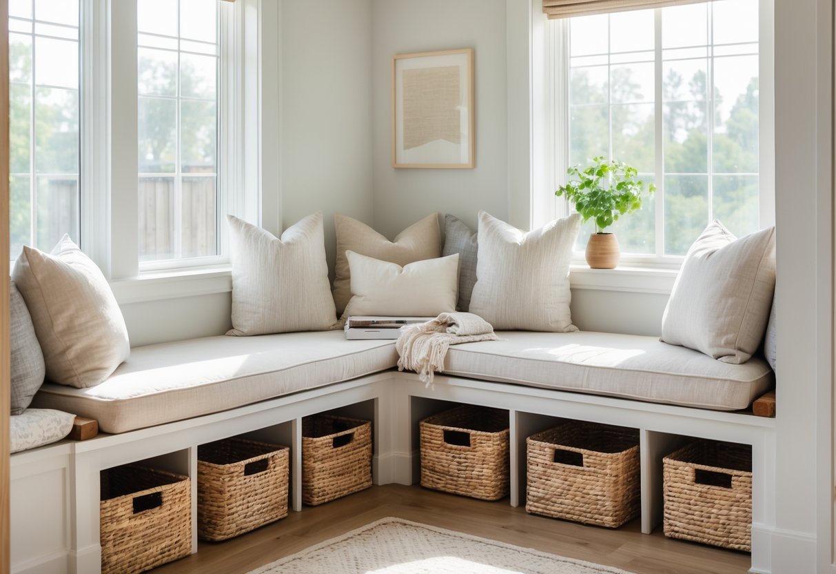 Bedroom with a window seat featuring cushions and under-seat woven storage baskets beneath a large window.