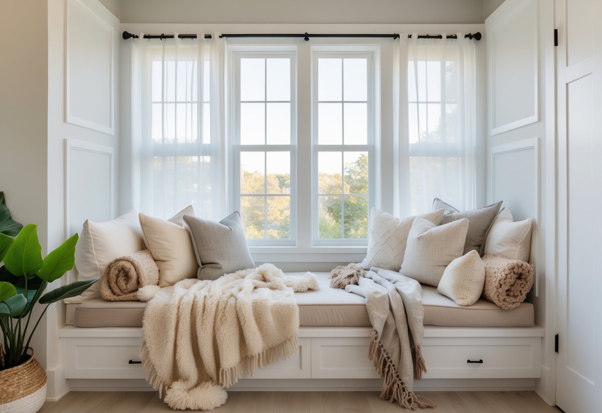 A bright bedroom with a built-in window seat covered in throw blankets and cushions by a large window with sheer curtains.