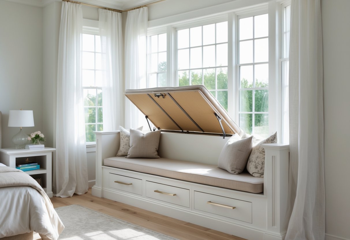 A bedroom with a window seat that has a hinged top for extra storage beneath a large window.