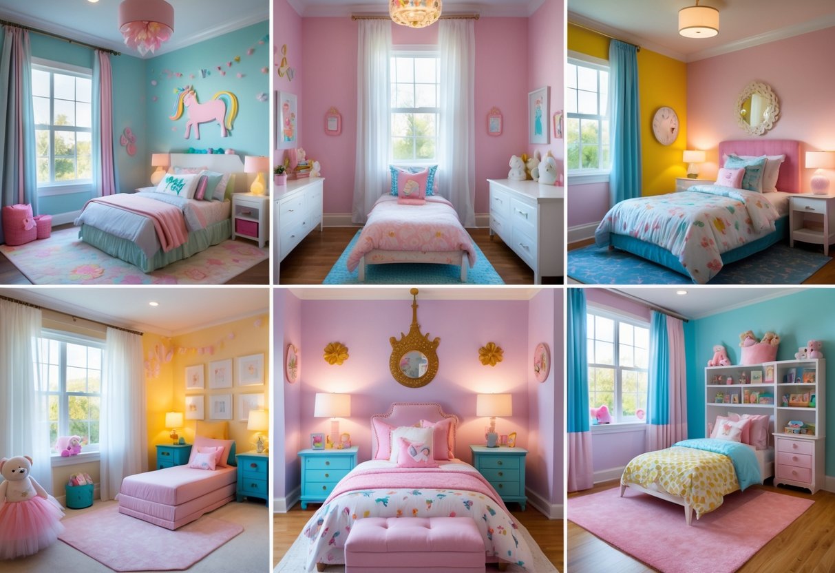 A collage showing 10 different girls' bedrooms for kids, each furnished with beds, desks, toys, and colorful decorations.