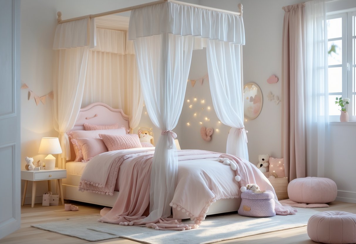 A girl's bedroom with a canopy bed draped with sheer curtains, soft bedding, and natural light coming through a window.