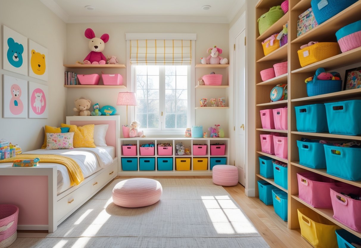 A children's bedroom with colorful bins and baskets used for organized storage around a bed and shelves.