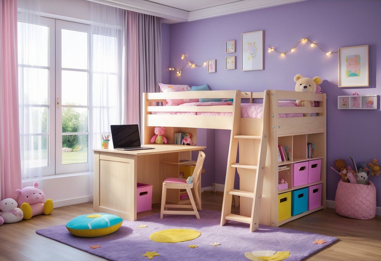 A children's bedroom with a loft bed that has a desk underneath, decorated with toys, books, and colorful storage.