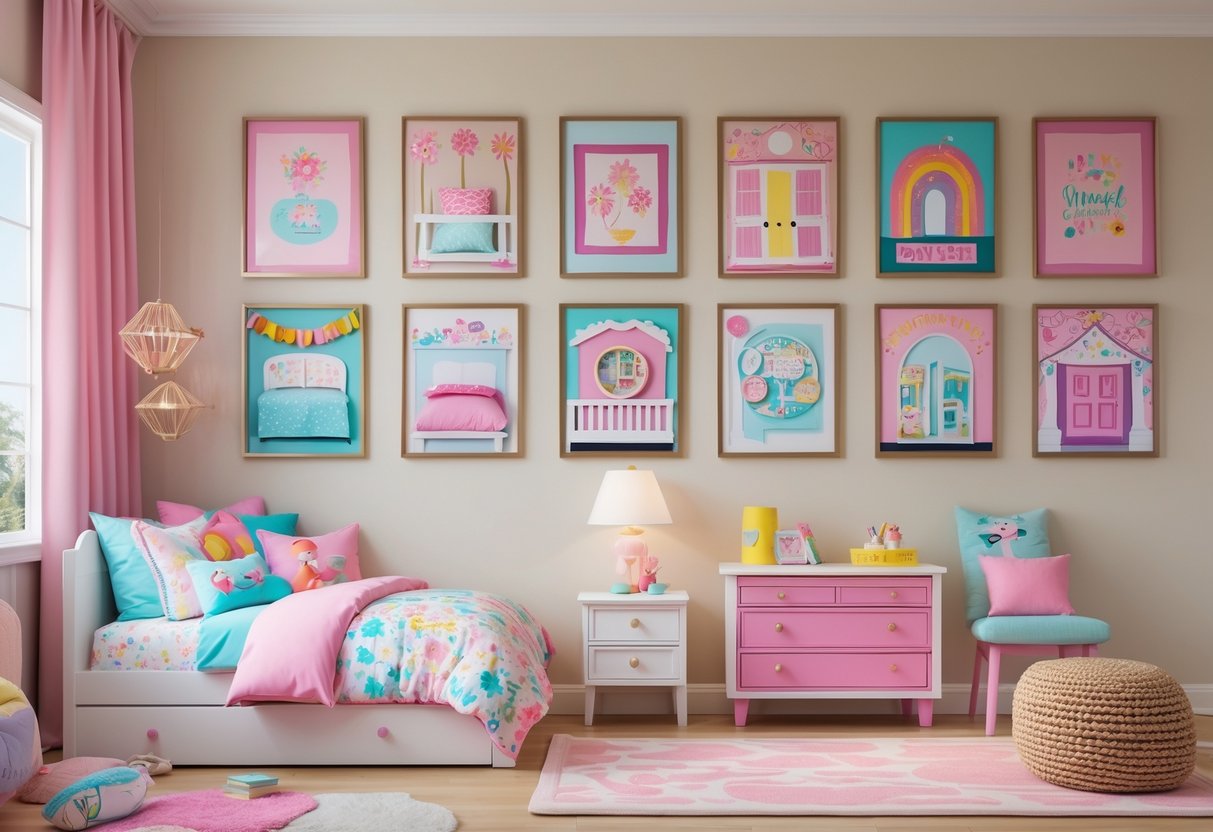 A brightly lit girl's bedroom with a wall displaying ten framed pictures of different colorful bedroom designs for kids.