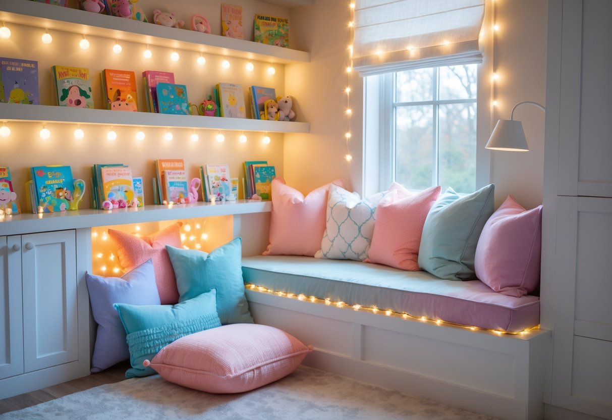 A cozy reading nook in a girl's bedroom with cushions, shelves of books, and soft lighting.